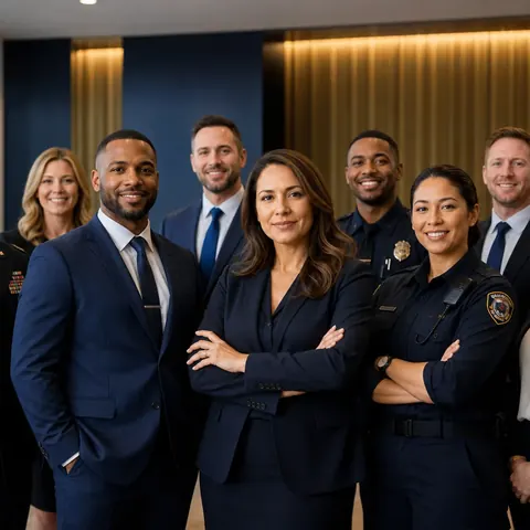 Diverse team of military members, veterans, first responders, and financial professionals