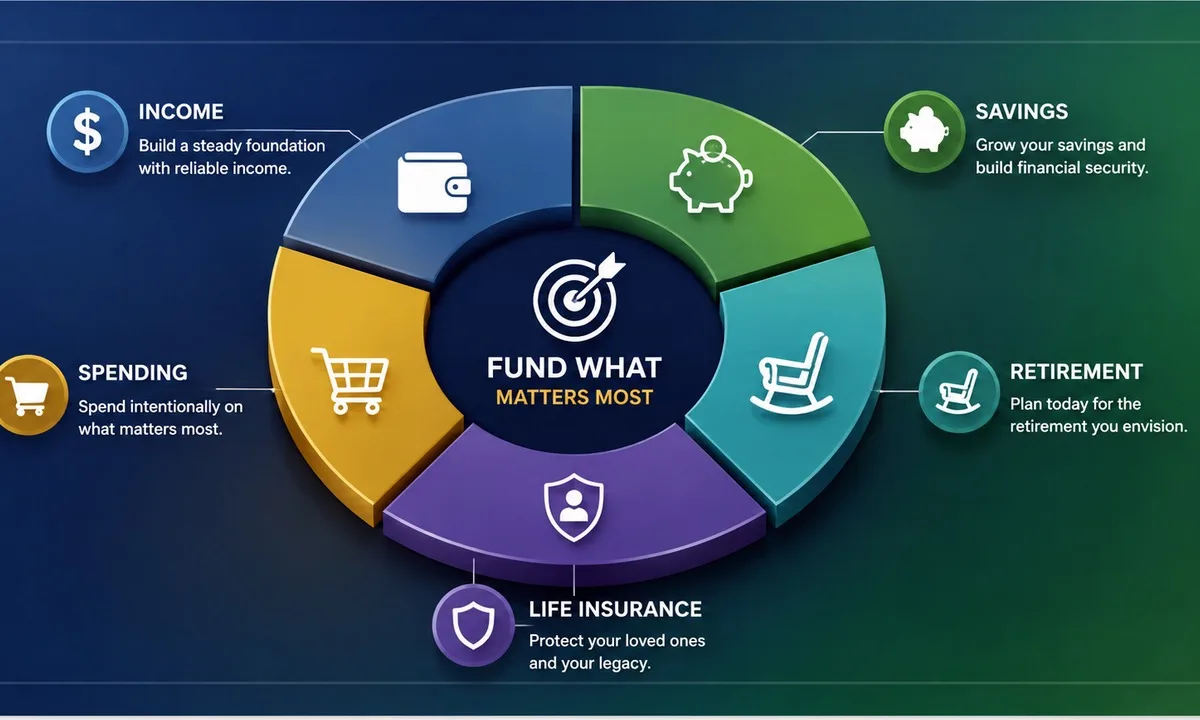 Cash flow planning diagram for income, spending, savings, insurance, and retirement